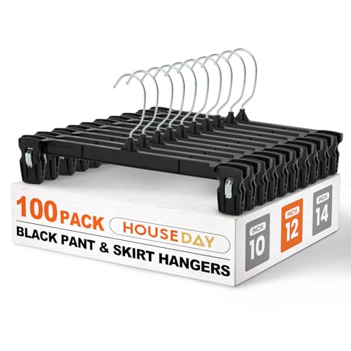 HOUSE DAY Black Pants Hangers with Clips 100 Pack, 12 Inch Skirt Hangers - color: 12"-black, size: 100 Pack