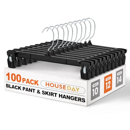 HOUSE DAY Black Pants Hangers with Clips 100 Pack, 12 Inch Skirt Hangers - color: 12"-black, size: 100 Pack