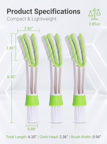 3 PCS Car Air Vent Cleaner Brush, Nylon Double Ended Design AC Vent Duster with Detachable Cloth, Multifunctional Crevice Cleaning Tool for Dashboard, Keyboard and Household (Green)