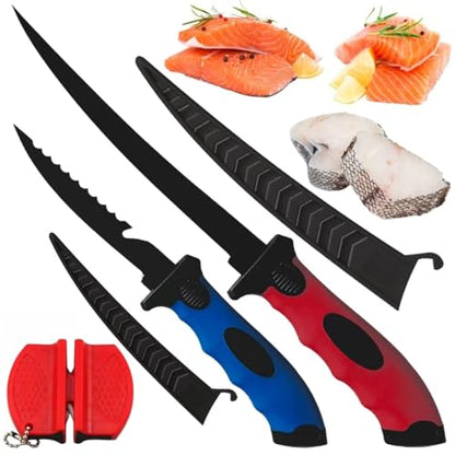Fishing Knife Set, Fish Cleaning Kit, Filet Knife for Fish, Fish Scale Cleaning Brush, Multi-Functional Scissors, Gloves, Fishbone Tweezers, Storage Bag,Fishing Accessories,Fishing Tool Kit - size: 2PCS-Red&Blue
