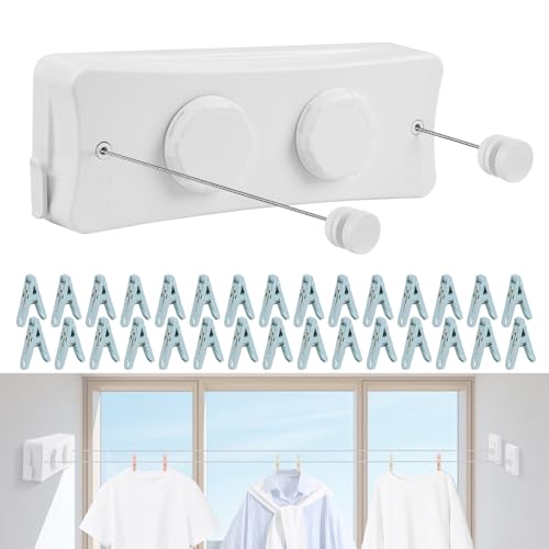 17Ft Retractable Clothesline Indoor/Outdoor, Comes with 40 clothespins, Anti-Sag for Drying Clothes line retracting Indoor/Outdoor, Dual-Line with Each Line 17Ft Long Laundry line Retractable - style: White