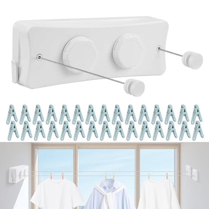 17Ft Retractable Clothesline Indoor/Outdoor, Comes with 40 clothespins, Anti-Sag for Drying Clothes line retracting Indoor/Outdoor, Dual-Line with Each Line 17Ft Long Laundry line Retractable - style: White