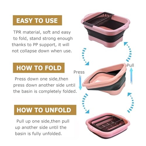 2.98 Gallon (11.28L) Collapsible Dish Basin with Drain Plug, Outdoor Multiuse Foldable Sink Tub, Dishpan, Wash Basin, Portable Kitchen Storage Tray for Camping, RV, Beverage Bucket (Pink) - color: Pink