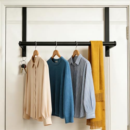 Thrivinest Over The Door Clothes Hanger, Metal Over The Door Rod for Clothes with 2 Hooks, Clothing Hanger Drying Racks for Laundry, Bedroom, Bathroom, Living Room,Office, Fits Door Up to 1.77" - size: 17inch(L)
