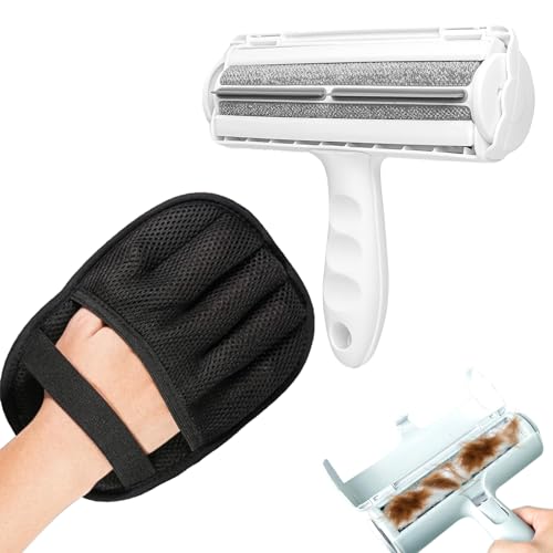 2-in-1 Pet Hair Remover Set – Grooming Mitt & Self-Cleaning Lint Roller for Dogs & Cats, Reusable Electrostatic Brush for Furniture, Carpet, Car Seat, Bedding & Clothes