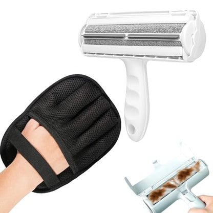 2-in-1 Pet Hair Remover Set – Grooming Mitt & Self-Cleaning Lint Roller for Dogs & Cats, Reusable Electrostatic Brush for Furniture, Carpet, Car Seat, Bedding & Clothes