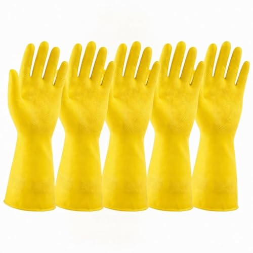 LADWA 5 Pairs Non-Slip Household Cleaning Reusable Dishwashing Gloves for Kitchen Washing Dishes Bathroom Gardening & Home Tasks Flexible Long-lasting Waterproof Gloves Perfect for Woman Men (Yellow) - color: Yellow, size: Pack of 5