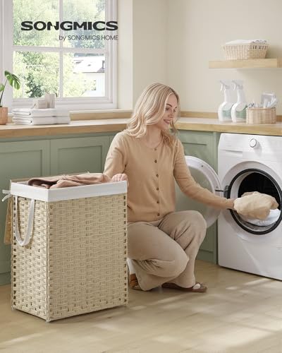 SONGMICS Laundry Hamper with Lid, 23.8 Gal (90 L) Synthetic Rattan,Foldable - color: Summer Sand, size: 90 L