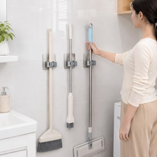 3-Pcs Silver Wall Mounted Storage Racks: No-Drill Broom and Mop Holder for 1.5-2.8cm Diameter Poles, Heavy Duty Stainless Steel Garden Tool Organizer