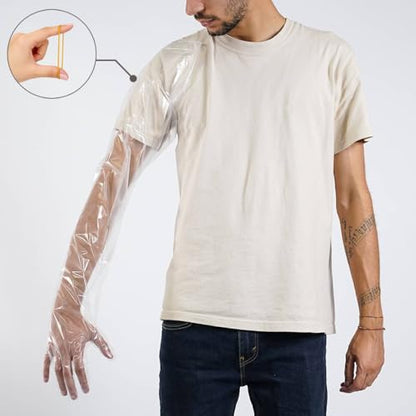 50 Pcs Disposable Long Gloves Full Arm Shoulder Length 35.5 Inch Plastic Dressing Gutting Gloves for Field Dressing House Cleaning Gardening (Come with 20 Free Rubber Bands)