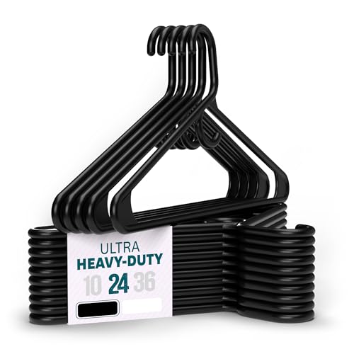 Heavy Duty Clothes Hangers, 24 Pack - Space Saving, Ultra Strong Black Plastic - Hang Your Belt, Pants, Coat, Shirt, Shorts, Jeans, Sweater and More - Bulk Closet Storage for Adults Clothing - color: Black, size: 24