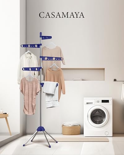 CASAMAYA Clothes Drying Rack Foldable, 70.9 inch Tripod Drying Rack for 35 Pieces of Clothes, with Height-Adjustable Rotatable Clothes Rails, Space Saving, Stainless Steel, Blue and Silver CDR005Q01 - color: Blue + Silver, size: 5-Tier Standard