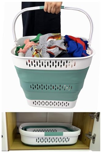 SAMMART 40L (10.5 Gallon) Collapsible Plastic Laundry Basket with Handles - Foldable Pop Up Storage Container/Organizer - Portable Laundry Hamper - Space Saving (1, White/Celadon Green) - color: White/Celadon Green