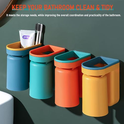 Toothbrush Holder Wall Mounted with Cup,2-in-1 Toothbrush Holders & Cups Set,Inverted Design for Easy Cleaning and draining,Stick-on Toothbrush Holder for Bathroom (Green+Yellow) - color: Green+yellow