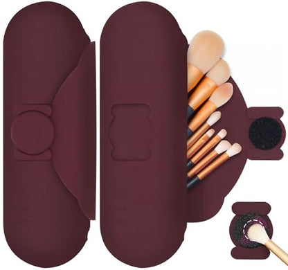Travel Silicone Makeup Brush Holder with Cleaning Pad and Magnetic Closure - color: Brown