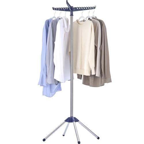 CASAMAYA Clothes Drying Rack Foldable, 59 inch Tripod Laundry Drying Rack Indoor with Rotating Clothes Rail for 27 Pieces of Clothes, Space Saving, Blue and Silver CDR001Q01 - color: Blue + Silver, size: 1-Tier Standard