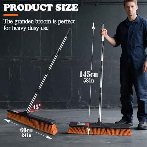 24" Push Broom Outdoor, Heavy Duty Garden Brush Broom with 58" Long Handle - color: Push Broom Orange
