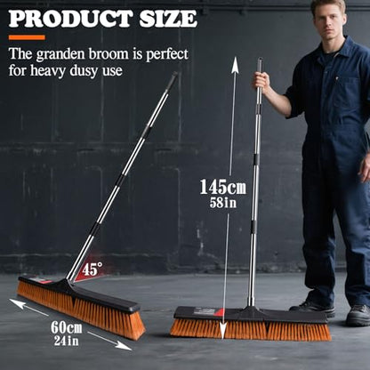 24" Push Broom Outdoor, Heavy Duty Garden Brush Broom with 58" Long Handle - color: Push Broom Orange