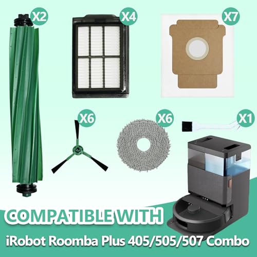 26 Pcs Replacement Parts Compatible with iRobot Roomba 505X Combo, Plus 405 Combo/505 Combo/507 Combo Vacuum:2 Main Brushes, 7 Dust Bags, 6 Mop Pads, 4 Filters, 6 Side Brushes and 1 Cleaning Tool - size: 405 Combo Kit