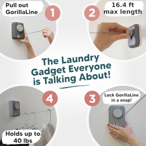 GorillaLine Max – Retractable Clothesline Indoor Outdoor, Non-Sagging Heavy Duty Clothes Drying Line, Wall Mounted Drying Rack, Air Dry Clothing, Max Tighten with GorillaGrip - color: Gray Max