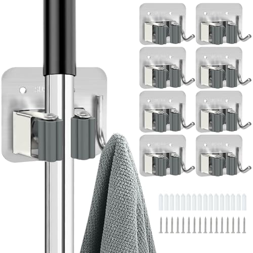 8 Pack Broom Holder Wall Mount, Stainless Steel Broom Holder with Hooks Screw, Heavy Duty & Rust Resistant, Mop and Broom Holder Wall Mount for Bathroom Kitchen Laundry Room Garage (Silver)