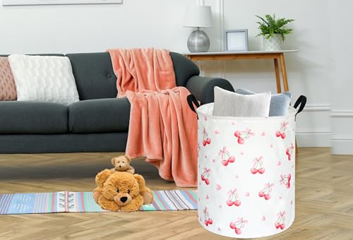 Cherry Print Round Laundry Hamper Storage Basket Bins Clothes Nursery Hamper for Home, Gift Storage Bins with Handles - color: Cherry