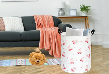 Cherry Print Round Laundry Hamper Storage Basket Bins Clothes Nursery Hamper for Home, Gift Storage Bins with Handles - color: Cherry