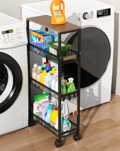 4-Tier Slim Utility Rolling Laundry Cart with Wheels, Black - color: Black, size: 7.2''