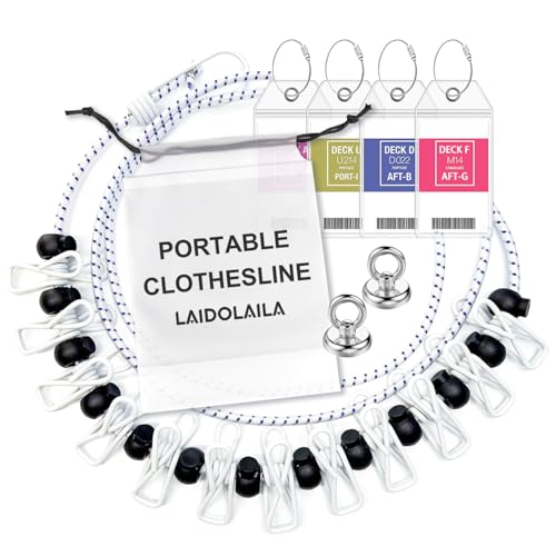 Magnetic Retractable Clothes Line for Cabin - Approved 2025 2026 Cruise Essentials Clothes Drying Rack Travel Clothesline with Clothespins -4 Luggage Tags Strong Magnets Hooks (White) - color: White