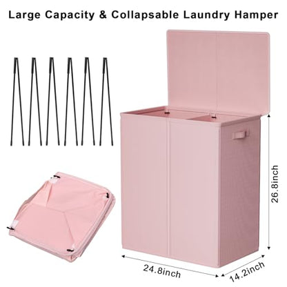 WOWLIVE 154L Double Laundry Hamper 2 Section with Lid and Removable Bags - color: Pink, size: 154l (24.8x 14.2 X 26.8 Inches)