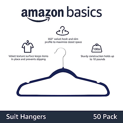 Amazon Basics Slim Velvet Non-Slip Space Saving Suit Clothes Hangers for Closet Organization, Navy Blue/Silver, 50-Pack - color: Navy Blue/Silver, size: Pack of 50