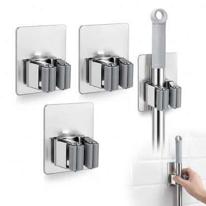 3-Pcs Silver Wall Mounted Storage Racks: No-Drill Broom and Mop Holder for 1.5-2.8cm Diameter Poles, Heavy Duty Stainless Steel Garden Tool Organizer