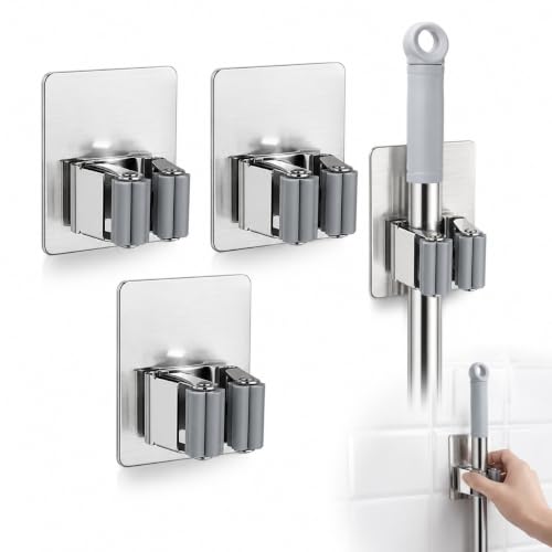 3-Pcs Silver Wall Mounted Storage Racks: No-Drill Broom and Mop Holder for 1.5-2.8cm Diameter Poles, Heavy Duty Stainless Steel Garden Tool Organizer