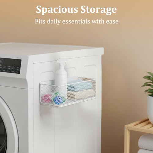 Magnetic Laundry Room Organization, Large Magnet Basket for Washer/Dryer, Holds up to 6.61 lb, No-Drill Dryer Ball Holder for Washing Machine, Refrigerator, Kitchen & Pantry (White)