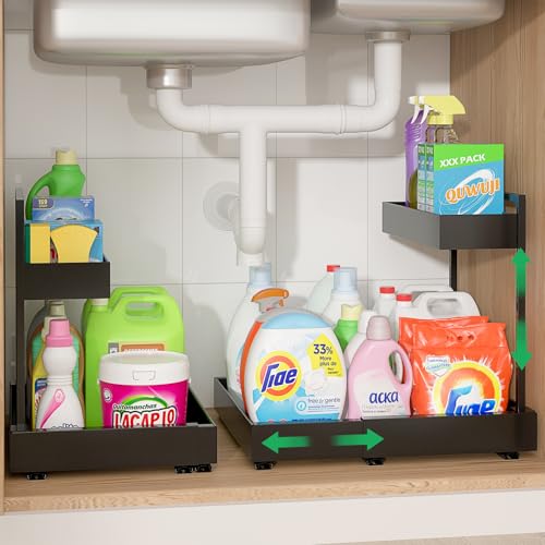 REALINN Under Sink Organizer, L-Shaped Pull Out Cabinet Rack for Kitchen - color: Black, size: 2 Pack