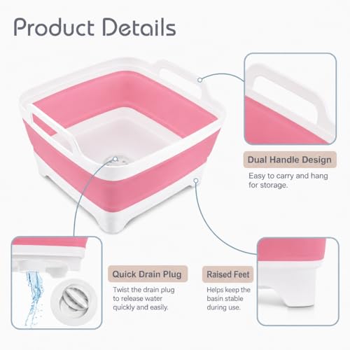 Collapsible Dish Basin with Drain Plug, Foldable Wash Basin 2.4 Gal (9L) - color: Pink