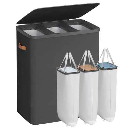 SONGMICS Laundry Basket, 190L Laundry Hamper with Lid, 3 Removable Bags - color: Ink Black, size: 190 L (3-Section)