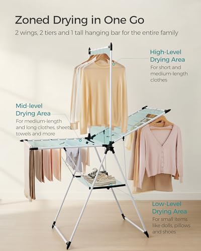 SONGMICS HOME Clothes Drying Rack, Foldable 2-Level Free-Standing Airer - color: White, size: 26 x 62.6 x 78 Inches