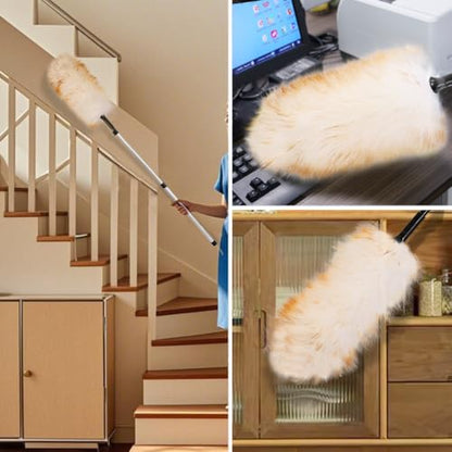 Lambswool Duster Extendable 31-55 Inch, Natural Electrostatic Feather Duster for Cleaning with Aluminum Extension Pole Reusable for High Ceilings, Fans, Blinds, Furniture, Interior & Roof Dusting - size: 31-55 Inch
