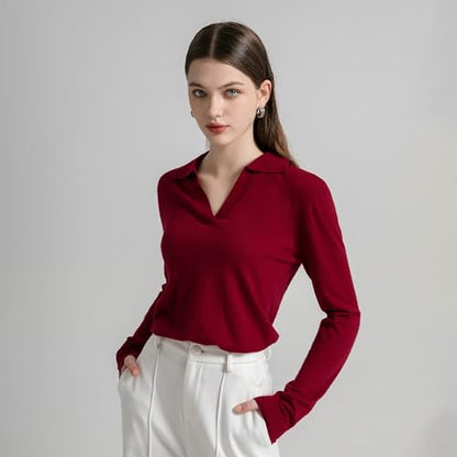 GreenMount Women's Deep V-Polo Casual Loose Cashmere Sweater Pullover Lapel Long Sleeve for Women Keep 37.5° Warm - color: Wine(spring/Summer), size: Medium