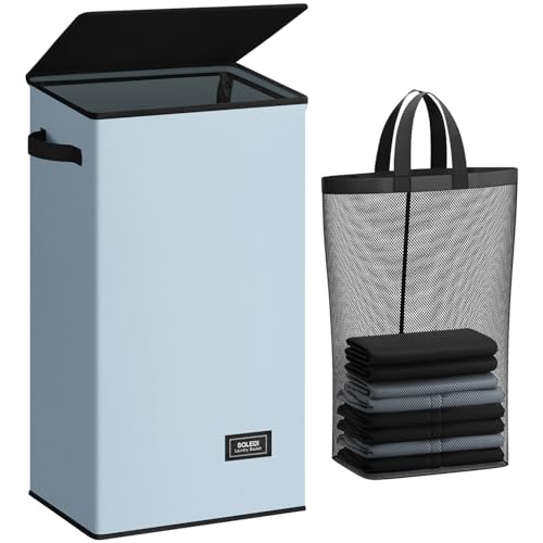 SOLEDI 100L Laundry Hamper with Lid, Large Collapsible Laundry Basket - color: Bluish-Grey, size: 100L