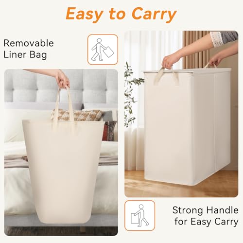 Chrislley Double Laundry Hamper with Lid, 140L Laundry Basket 2 Section - color: Beige, size: 140l(24.0"l X 14.2"w X 25.2"h)