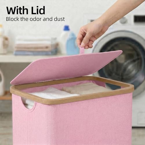 efluky Slim Laundry Basket with Lid, Narrow Laundry Hamper with Removable Bag, Skinny Dirty Clothes Basket with Bamboo Handles for Bathroom, Bedroom & Laundry Room, 65L Pink - color: Pink, size: 65L