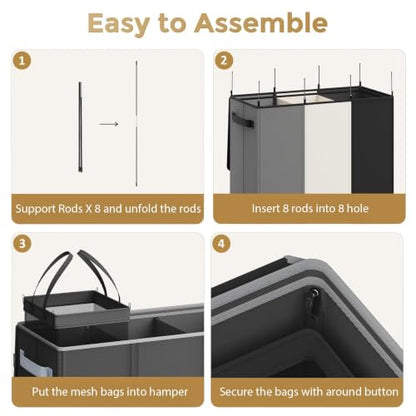 Optish 180L Laundry Hamper 3 Section, Large Hamper with Mesh Bags & Lid - color: Black