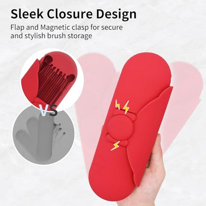 Travel Silicone Makeup Brush Holder with Cleaning Pad and Magnetic Closure - color: Red