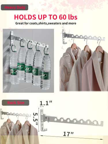 Dr.DJ Wall Mount Coat Hanger Holder Silver Clothes Drying Organizer Rack Garment Hooks Aluminium Retractable Folding Indoor Wall Mounted Hanger Space Saver for Laundry Room Bedroom (2 Racks) Silver