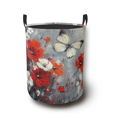 Retro Butterfly Laundry Basket,Red Flower Foldable Oxford Cloth Laundry Hamper with Handles Waterproof Dirty Clothes Storage Basket for Bathroom Bedroom Dorm Room 16" x 20.8" - color: Retro Butterfly Red Flower