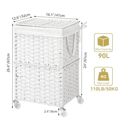 Chrislley Wicker Laundry Basket with Wheels,Rolling Laundry Hamper with Lid - color: White