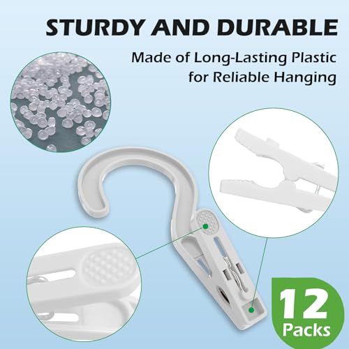 12pcs Laundry Hooks with Clips Super Strong Plastic Clothes Hangers Pins - color: White 12pcs