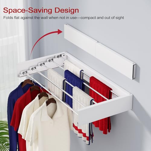 Wall Mounted Drying Rack 31.5", Foldable Laundry Drying Rack with Stainless Steel Rods, Retractable Laundry Space Saver for Indoor & Outdoor Use, Include Wall Template - color: White, size: 31.5" Wide